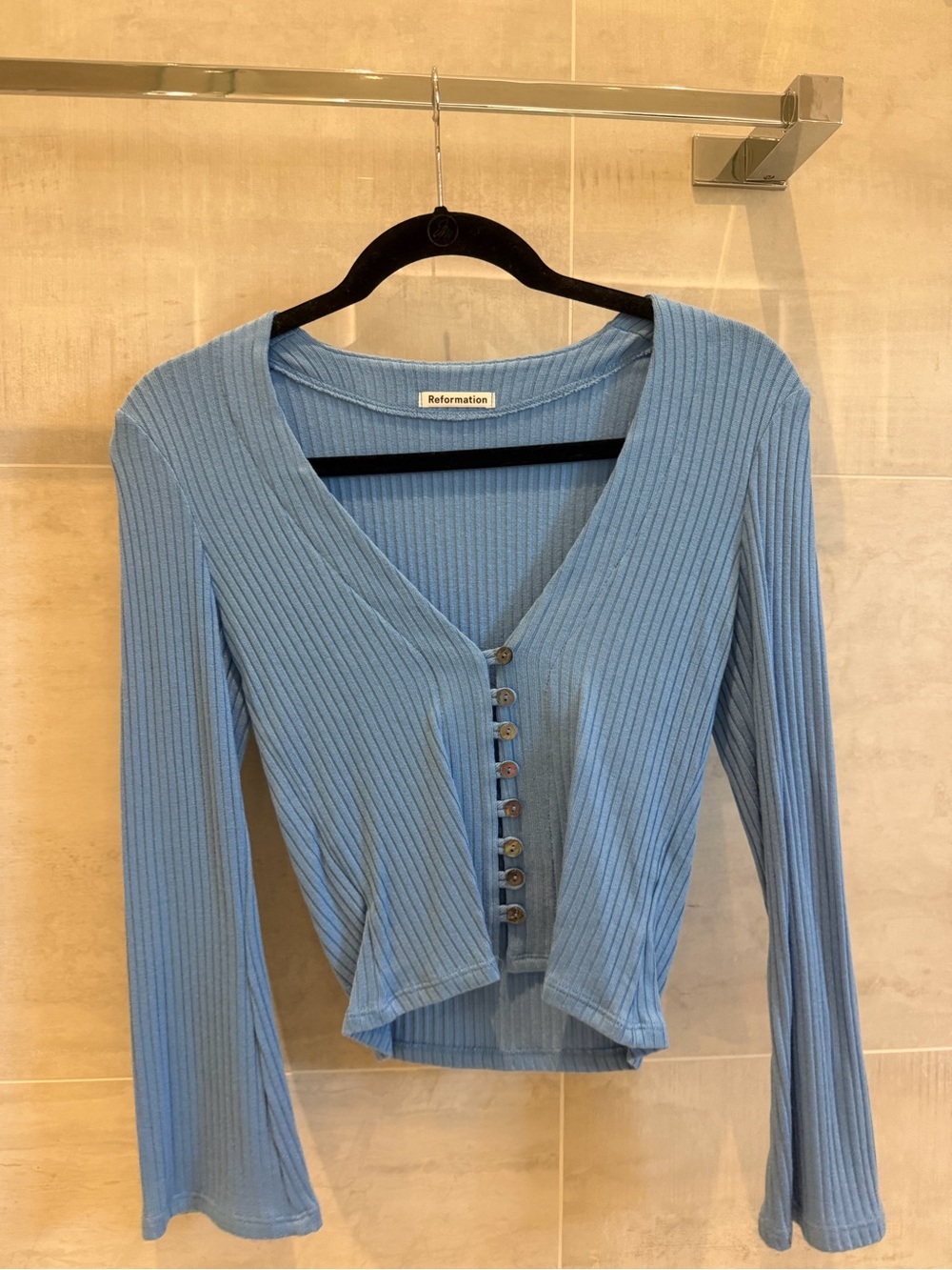 Reformation Light Blue Ribbed V-Neck Buttoned Long Sleeve Top